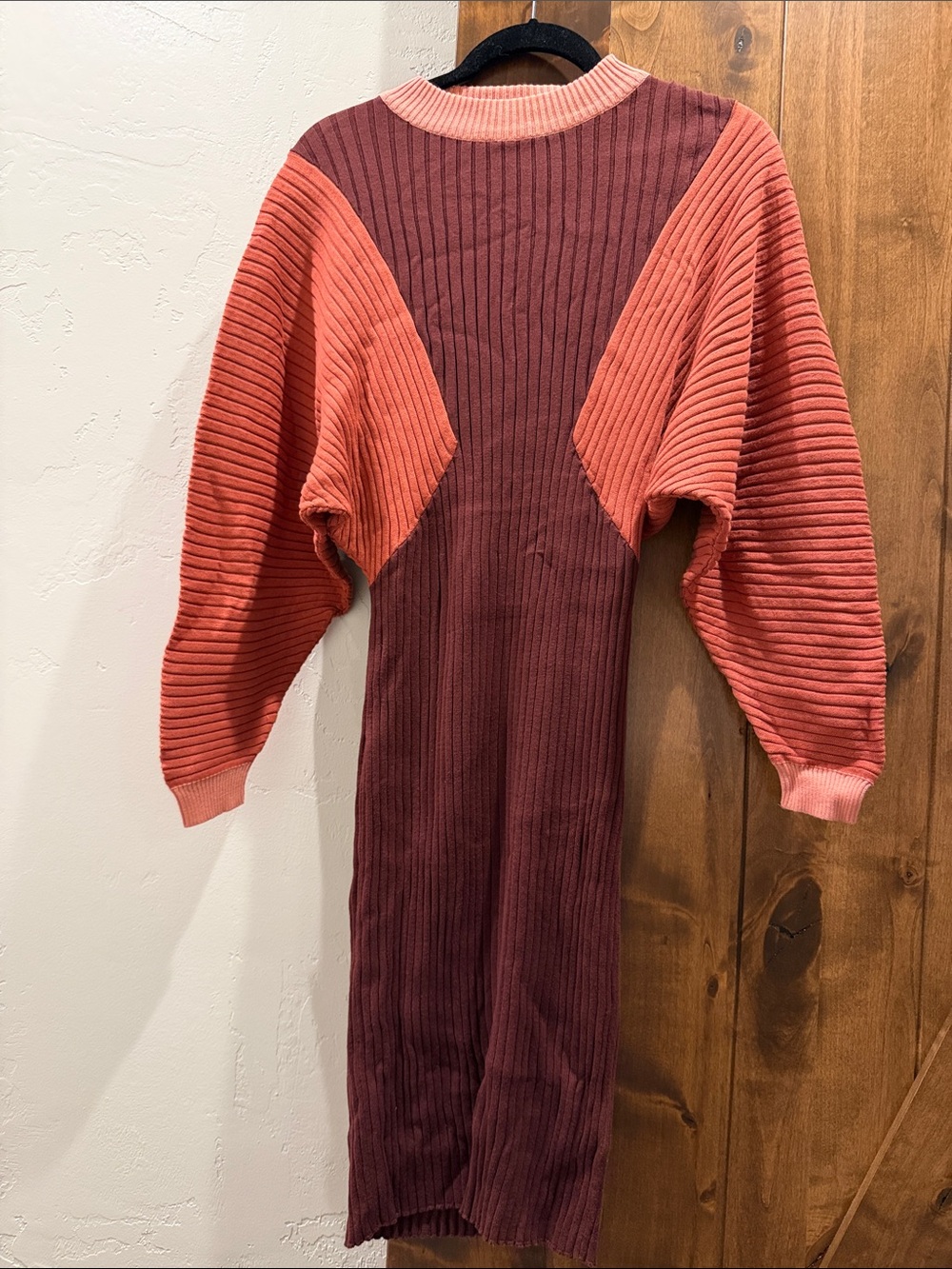 Skunkfunk Ribbed Colorblock Long Sleeve Dress in Rust and Burgundy